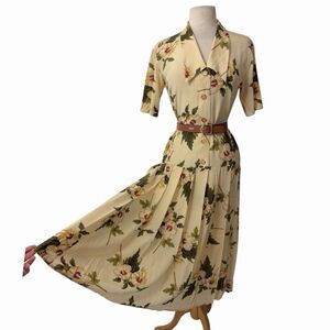 VTG Gillian 100% Silk Drop Waist Midi Dress 40s Cottagecore Hibiscus Ivory 4